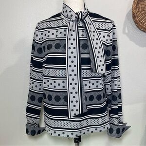 VTG black white gray longsleeved pussybow blouse mixed polka dot striped pattern